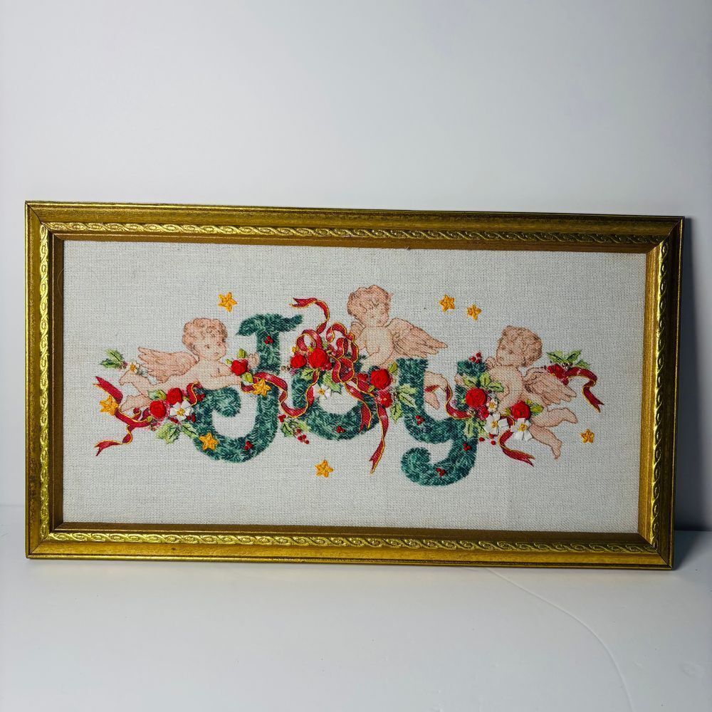 Vintage Joy Christmas‎ Holiday Cherubs Framed Cross Stitch Embroidery